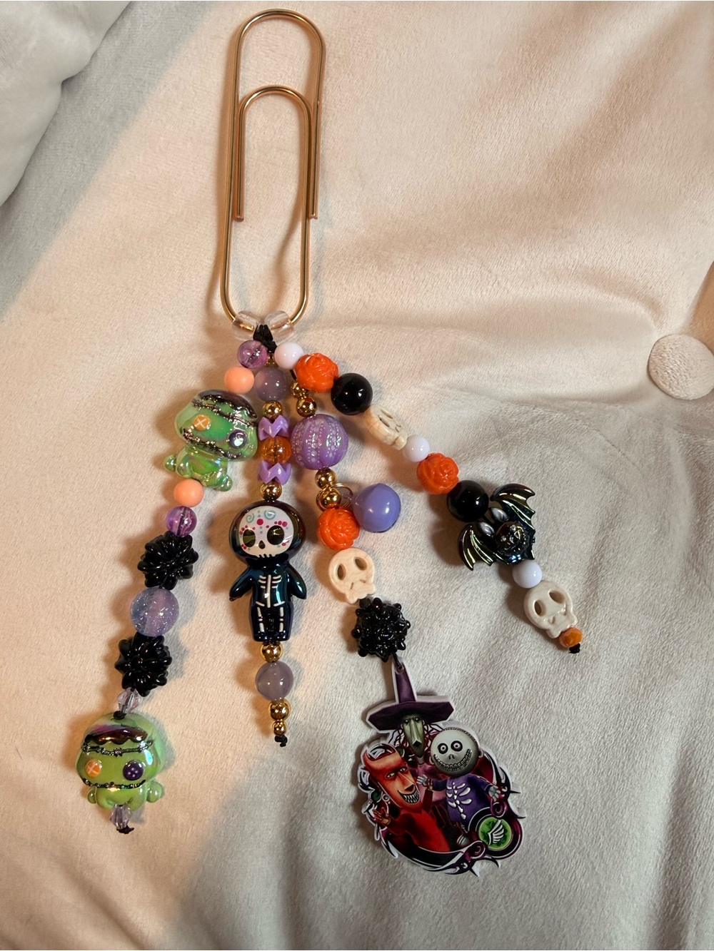 Handmade Halloween Beaded Keychain Clip • Green, Purple, Orange, Black